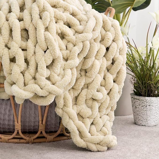 HBlife Chunky Knit Throw Blanket 40X40 Inches, Super Warm Soft Chenille Yarn Cable Knitted Blankets and Throws Boho Giant Cozy Thick Crochet Blanket for Sofa Bed Couch, Beige