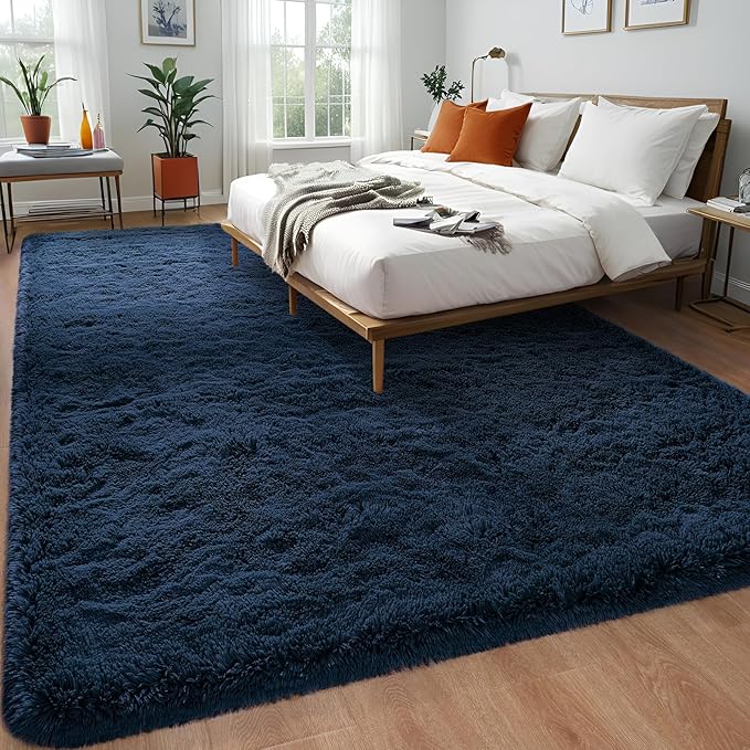 Navy Blue Area Rug 8x10 Large Rugs for Living Room Bedroom, Fluffy Soft Rug Modern Carpets for Kids Room, Non-Skid Rectangular Indoor Rug for Girls Boys Playroom Nursery Room Home Decor