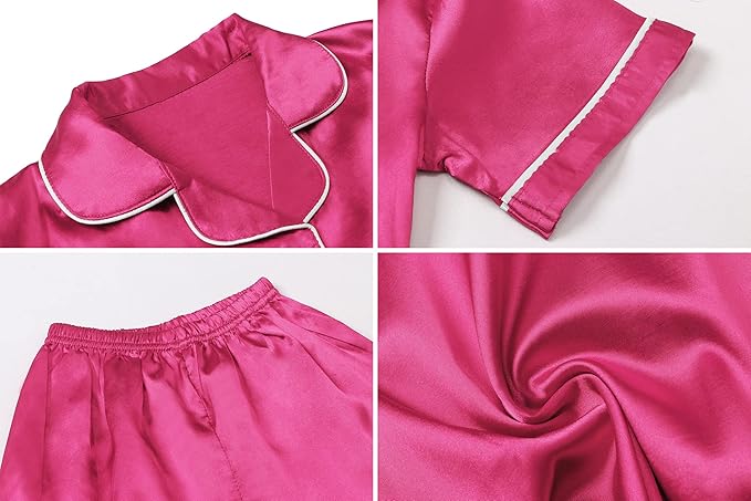 Umeyda Women & Girls Pajamas Set, Soft Satin Lightweight Silk Button-Down Top with Shorts 2 Piece PJS for Mom Boys Kids Gifts