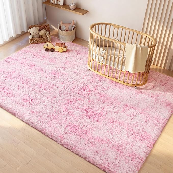 Litanika 9x12 Fluffy Shag Faux Fur Area Rug for Living Room Bedroom, Tie-Dyed Pink High Pile Soft Plush Shaggy Furry Bedside Playroom Dorm Carpet, Non-Slip, Non-Shedding Modern Indoor Floor Rug