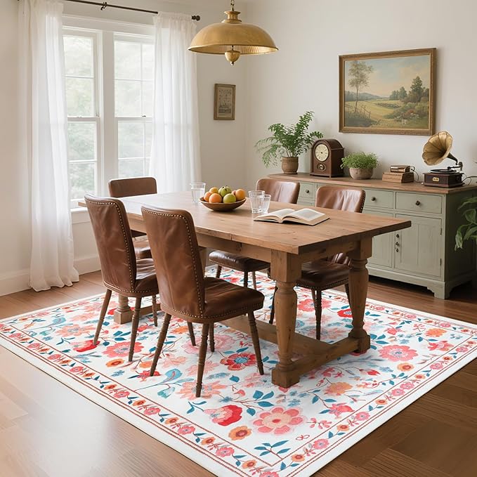 CRYPTOLITE Living Room Rug 6x9 Rug, Machine Washable Area Rug Non Slip Low Pile Floral Rug for Living Room, Bedroom, Farmhouse, Dining Room, Kids Playroom, Beige