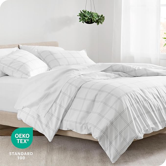 Bare Home Bedding Duvet Cover Queen Size - Premium 1800 Super Soft Collection - Lightweight, Duvet Cover - Soft Textured Bedding (Queen, Modern Plaid - White/Grey)