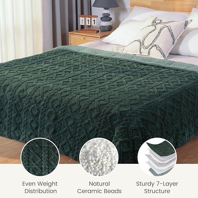 Sherpa Fleece Adult Weighted Blanket Great for Sleep, 15 lbs Dual Sided Soft Fuzzy Heavy Blankets for Couch Bed Sofa, Cozy Warm Fluffy Jacquard Throw for Winter (Green, 60" x 80", 15 Pounds)