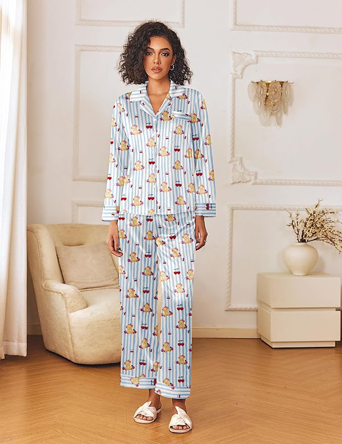 Ekouaer Womens Silk Satin Pajama Sets 2 Piece Sleepwear Pjs Set Long Sleeve Button Down Top and Pants Stripe Loungewear S-XXL