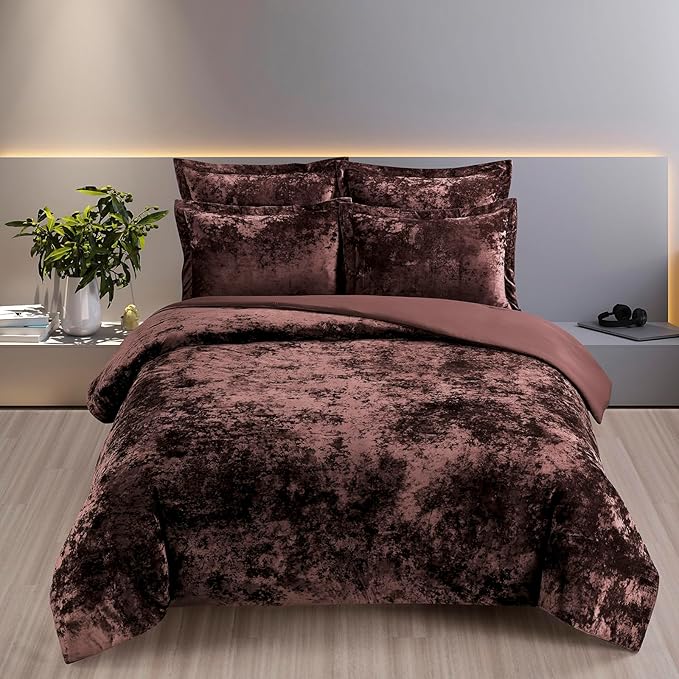 Fredsure Distressed Velvet Comforter Set, 5 Pieces Brown King, Distressed Velvet Face and Brushed Microfiber Reverse