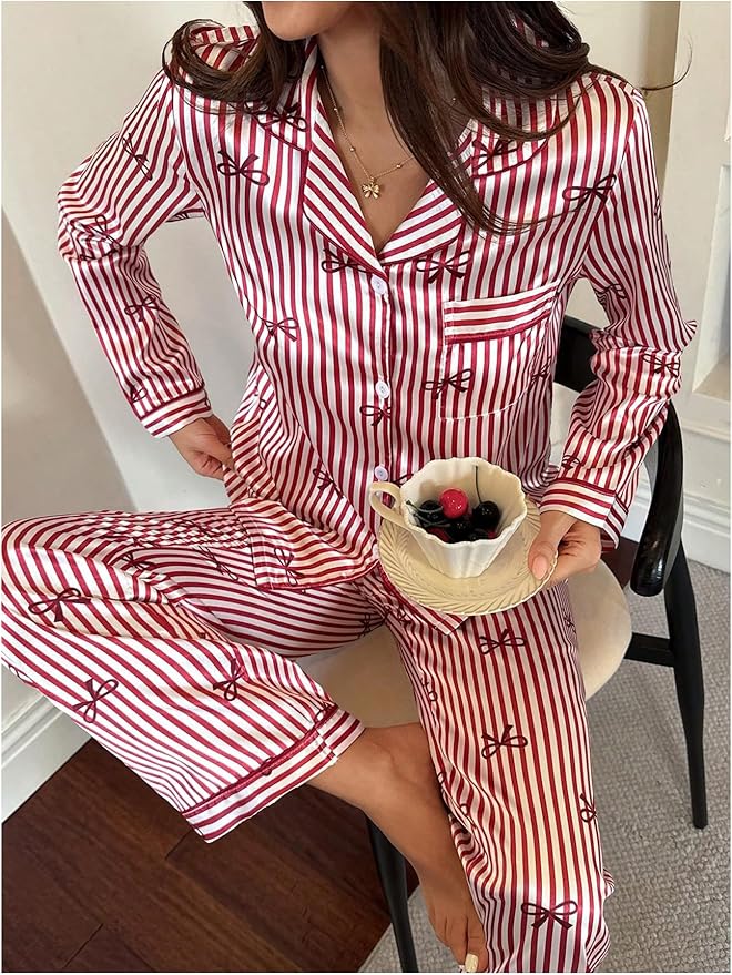 WDIRARA Women's 2 Piece Bowknot Print Satin Pajama Set Long Sleeve Button Down Lounge Pants Sleepwear Sets