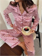 WDIRARA Women's 2 Piece Bowknot Print Satin Pajama Set Long Sleeve Button Down Lounge Pants Sleepwear Sets