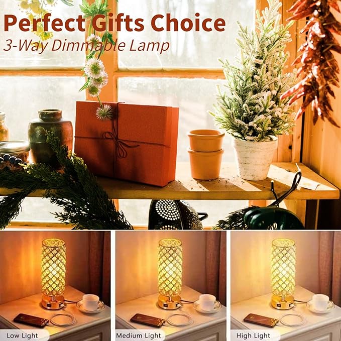 Crystal Table Lamps, Small Touch Desk Lamp Bedside Bedroom Lamp with 2 USB Charging Port Nightstand Night Light Room Decor for Kids Room, Home Office, Living Room,Bar, Restaurant (Gold)