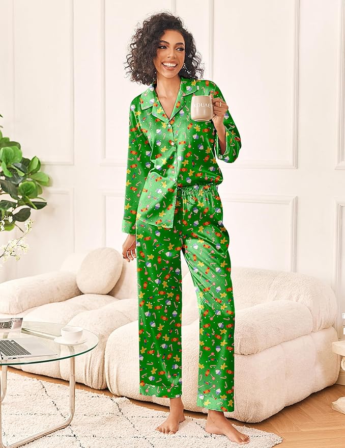 Ekouaer Womens Silk Satin Pajama Sets 2 Piece Sleepwear Pjs Set Long Sleeve Button Down Top and Pants Stripe Loungewear S-XXL