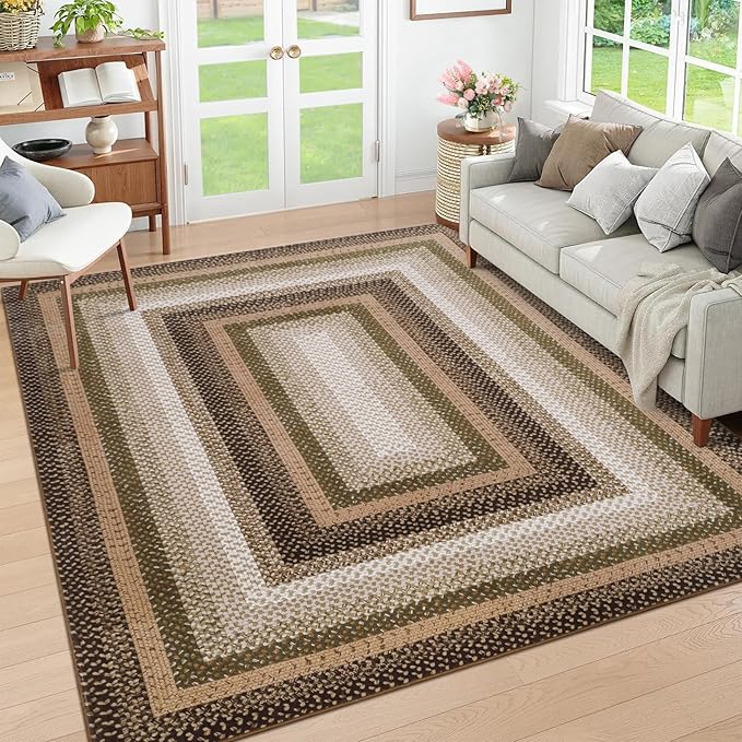 RUGSREAL Braided Print Washable 8x10 Large Rug for Living Room Modern Braid Printed Bedroom Rug Non Slip Stain Resistant Dining Room Throw Carpet Soft Farmhouse Accent Carpet HomeDecor, Moss Brown