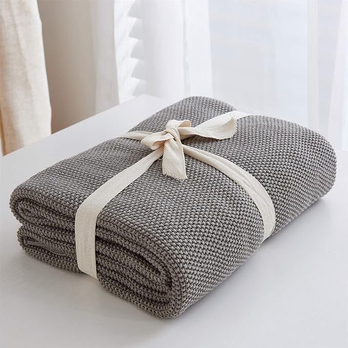 Longhui bedding Medium Grey 100% Cotton Cable Knit Lightweight Throw Blanket for Couch Sofa Bed Home Décor, Bonus Laundering Bag, Gray Color 50“ x 60” Machine Washable