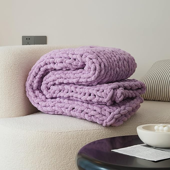 WESHIONGOO Chunky Knit Blanket Throw 51"×63" Knitted Throw Blankets for Couch Bed Fluffy Soft Blanket with Jumbo Chenille Yarn Thick 100% Handmade(Lilac)