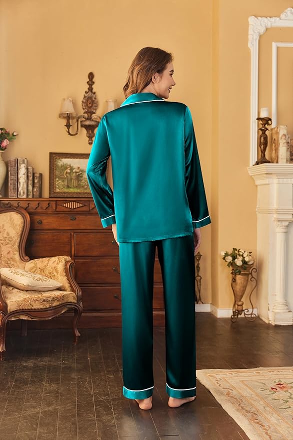 Ekouaer Women's Classic Button Down Long Satin Silk Pajama Set