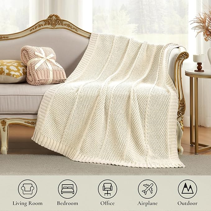 Amélie Home Knit Throw Blanket, Soft Chenille Cozy Breathable Chevron Chunky Decorative Blanket for Couch, Bed & Sofa, French-Inspired Lightweight Warm Gift for Women, Ivory, 60"x80"