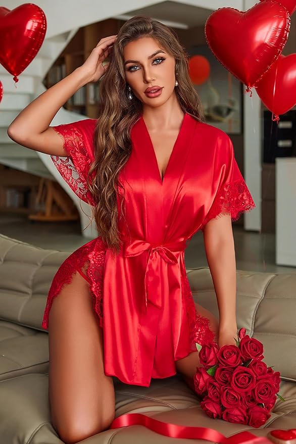 Avidlove Women Lingerie Robe Satin Sleepwear Eyelash Lace Kimono Side Split Sexy Silk Robes