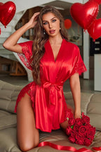Avidlove Women Lingerie Robe Satin Sleepwear Eyelash Lace Kimono Side Split Sexy Silk Robes