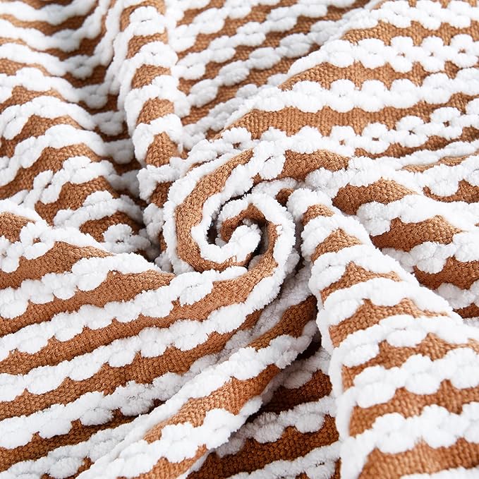 Striped Knit Throw Blanket with Braided Tassels 50" x 60", Hand Knitted Soft Chunky Chain Design Boho Farmhouse Blanket, Two Tone Tassel Decor Throw for Couch Bed Sofa Outdoor, Camel White