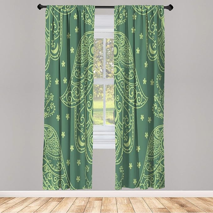 Lunarable Hamsa Window Curtains, Egyptian Boho Hand Shape Pattern Eye Design Bridal Night Inspired Art, Lightweight Decorative 2-Panel Set & Rod Pocket, Pair of - 28" x 95", Reseda Green