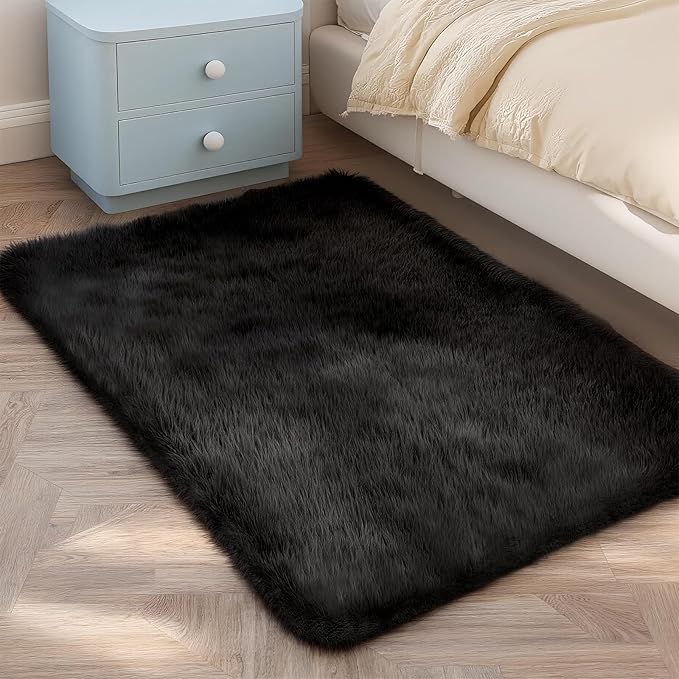 Shag Black Rug, 2x3 Area Rugs for Bedroom Bedside, Ultra-Soft Fluffy Fuzzy Plush Shaggy Furry Rugs for Kids Room, Boys Girls Room, Dorm, Easy Clean Modern Small Carpet