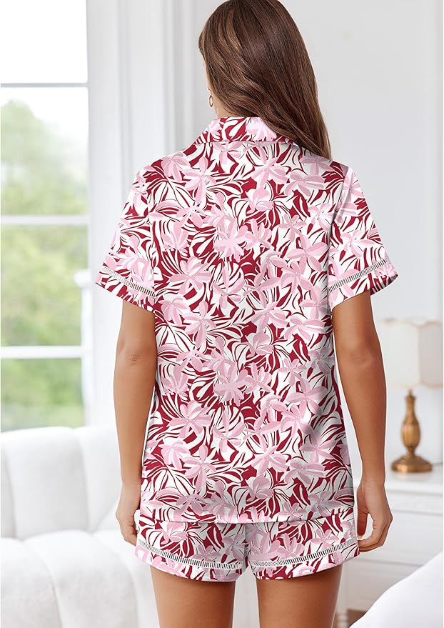 Ekouaer Womens Silk Pajama Sets Button Up Satin Pjs Short Sleeve 2 Piece Pj Sets Cute Lounge Sets with Chest Pocket