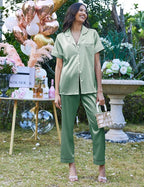 Ekouaer Silk Satin Pajamas Set Women Short Sleeve Sleepwear Soft Button Down Loungewear Pjs Set