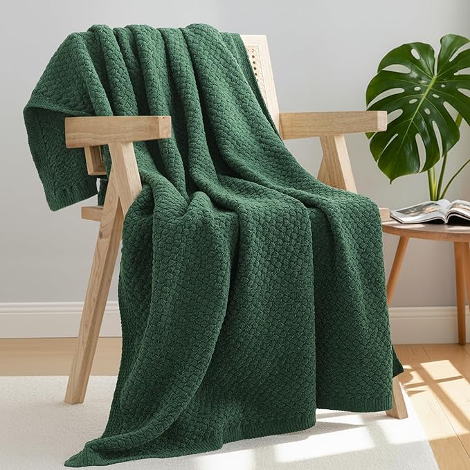 Whale Flotilla Chunky Knit Throw Blanket for Couch and Bed, Deep Green Decorative Cozy Fleece Blanket, Reversible Soft Fuzzy Woven Throws, 60x80 Inch