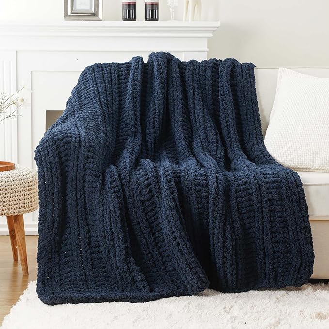 Battilo Navy Chunky Knit Throw Blanket for Couch, Navy Blue Chenille Throw Blanket Super Soft Cozy Thick Warm Cable Knitted Blanket for Bed, Sofa, Living Room, 50"x60"