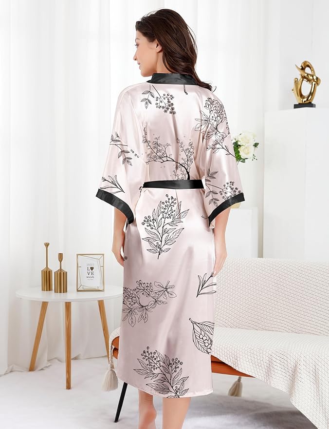EPLAZA Silk Robes for Women Satin Robe Long Sexy Print Flower Kimono Loungewear Wedding Bridal Party