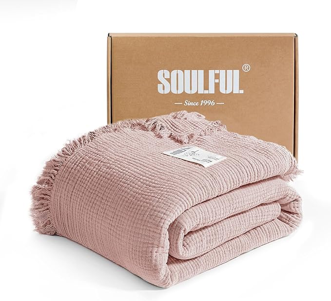 SOULFUL Muslin Throw Blanket with Tassels - Soft Full Size Cotton Throw Blanket for Couch or Bed, Lightweight and Breathable Gauze for All Seasons, LightChampagne, 66" x 90"