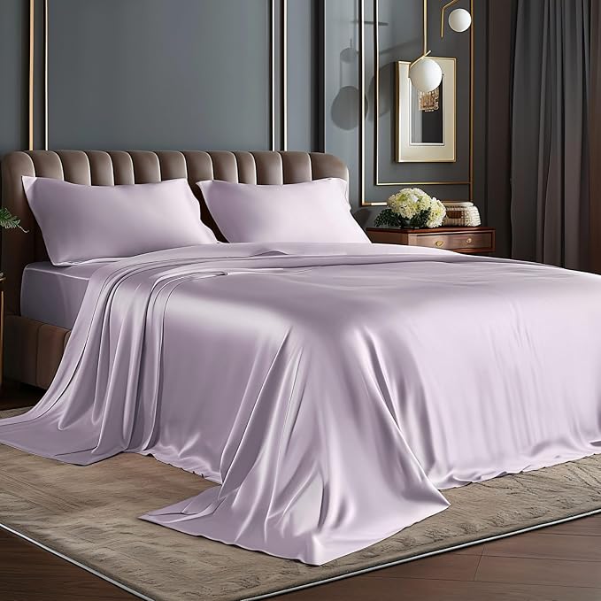 BEDELITE Satin Sheets Full Size Bed Set, Luxury Soft Lavender Silky Sheets for Hair and Skin, Similar to Silk Bed Sheets Set 4 Pieces with 1 Deep Pocket Fitted Sheet, 1 Flat Sheet, and 2 Pillowcases