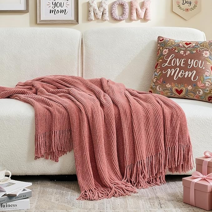 inhand Coral Pink Chunky Chenille Throw Blanket for Couch Bed, Mothers Day/Mom Birthday Gifts for Mom from Daughter Son,Soft Boho Knitted Blanket,Cozy Decor for Living Room,60"x80",Medium Thick