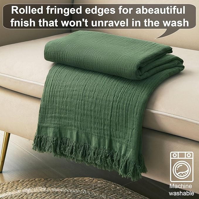 Cotton Muslin Throw Blanket with Tassels, Lightweight Woven Gauze, Pre-Washed Breathable Farmhouse Decor for Bed, Couch, All-Season Use (Olive Green, 50" x 60")