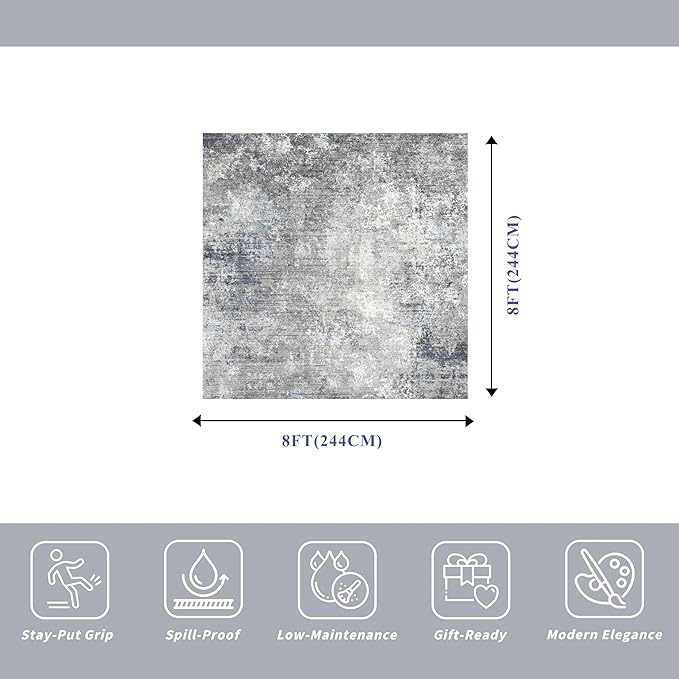 8x8 ft Square Living Room Rug – Washable Modern Neutral Abstract Area Rug for Bedroom, Dining Room, Kitchen – Non-Slip Soft Low-Pile Indoor Floor Carpet (Blue Grey,8x8)