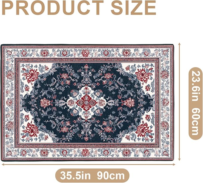 Area Rug 2x3 ft Entry Rug Washable Vintage Boho Rugs Non Slip Low Pile Floral Door Mat Small Carpet for Bedroom, Bedside, Kids Room, Office, Dining Room