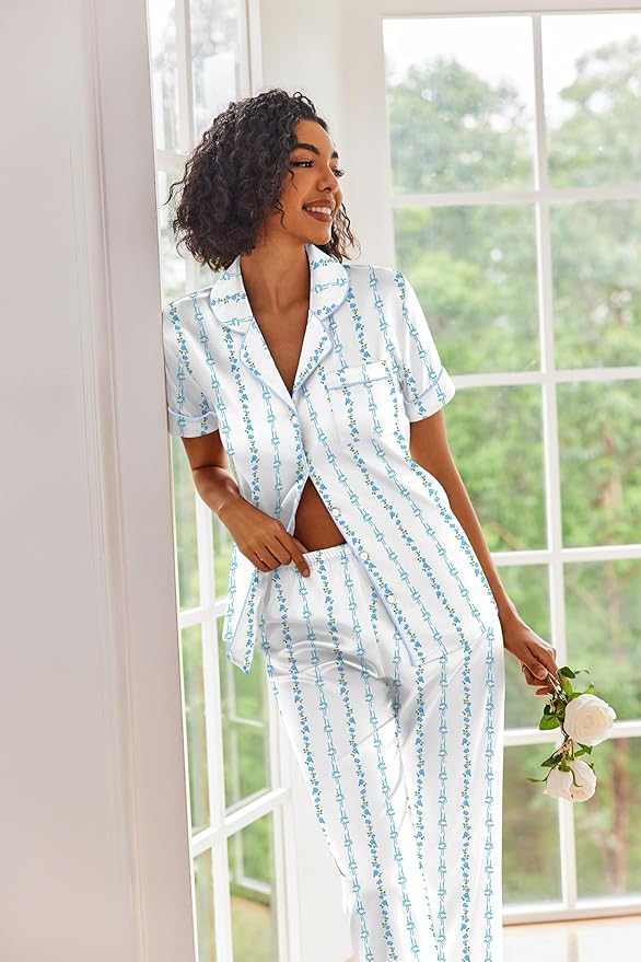Ekouaer Silk Satin Pajamas Set Women Short Sleeve Sleepwear Soft Button Down Loungewear Pjs Set