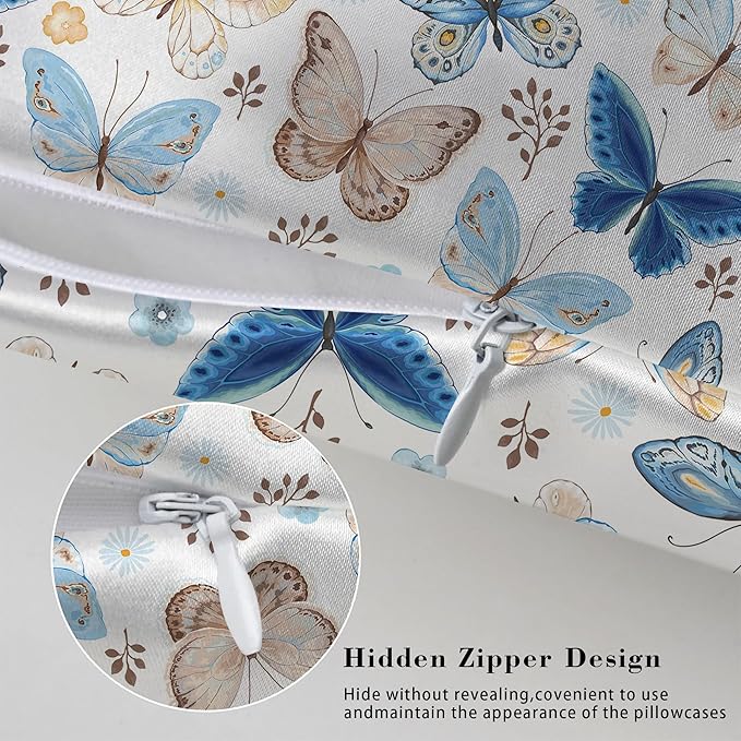 Vintage Blue Brown Butterfly 1 Pack Satin Pillowcase for Hair and Skin Floral 1 Pack Satin Pillowcase with Hidden Zipper Soft Breathable Cooling Pillow Cover Queen Size for Bedroom Sofa 20”x30”