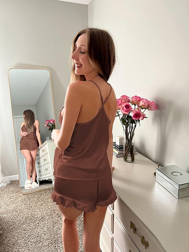 Ekouaer Satin Pajama Set for Women Silk Pjs for Women Set Camisole Top and Shorts with Ruffle Sleepwear
