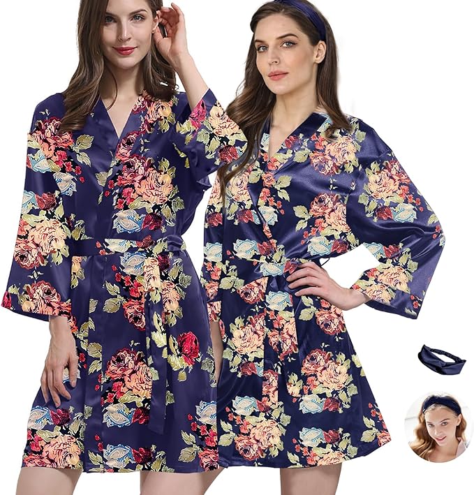 WJing Yi Jia 2Pcs Womens Floral Kimono Robe Silk Robes Bride Bridesmaid Satin Robes Bridal Dressing Gown Silky Bathrobe