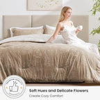 Love's cabin Light Taupe Comforter Set King - King Size Comforter Set, 3 Pieces Cute Floral Bedding Sets for All Seasons,1 Soft Reversible Botanical Flowers Comforter and 2 Pillow Shams