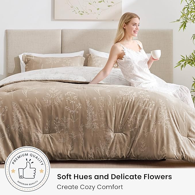 Love's cabin Light Taupe Comforter Set Queen - Queen Size Comforter Set, 3 Pieces Cute Floral Bedding Sets for All Seasons,1 Soft Reversible Botanical Flowers Comforter and 2 Pillow Shams