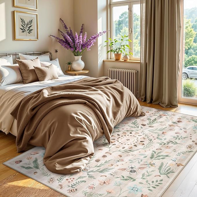 Lahome Chloe Insect Botanical Washable Beige 6x9 Area Rugs for Living Room, Non Slip Rugs for Bedroom, Boho Indoor Throw Dining Room Rugs for Under Table Carpet for Home Office Playroom(Beige,6x9)