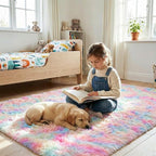 junovo 6x9 Washable Area Rug for Girls Bedroom Living Room, Tie-Dyed Rainbow Soft Non-Slip Fluffy Rugs, Shag Plush Memory Foam Carpet for Kids Room Baby Nursery Home Decor