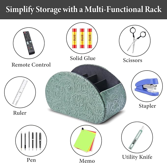 QIELIZI Remote Control Holder, PU Leather Remote Caddy Desktop Organizer with 5 Spacious Compartments for TV Remotes/Media Controllers/Office Supplies (1-Carved3 Green1