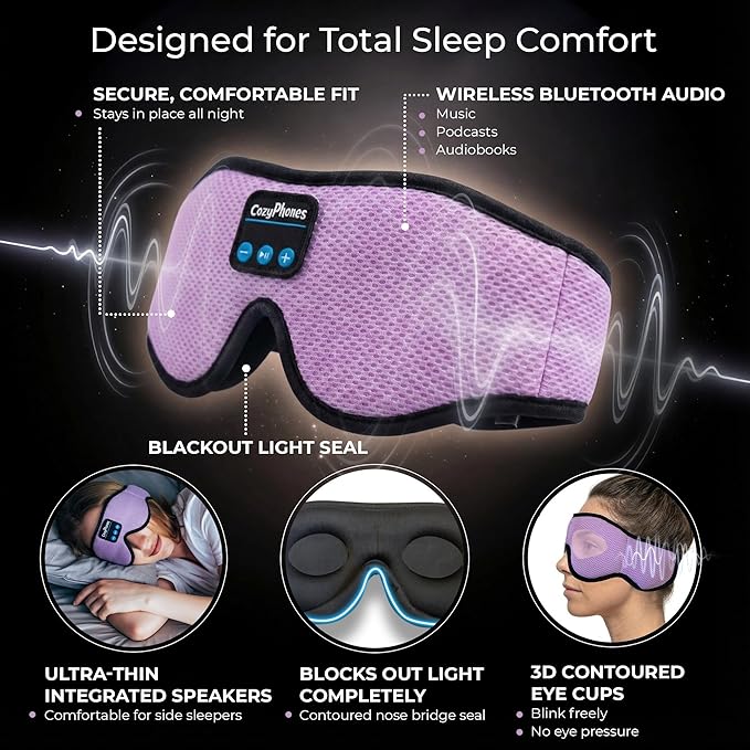 CozyPhones Bluetooth Sleep Mask with Headphones – 3D Contoured Memory Foam Eye Mask, Wireless Eye Mask for Sleeping, Adjustable Sleep Headphones, Bluetooth 5.4, 14H Playtime - Lavender