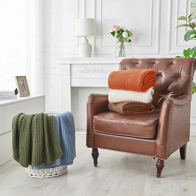 Douceur Rust Orange Throw Blanket for Bed, Soft Chunky Cable Knit Throw Blanket, Classic Fisherman's Rib Stitch Pattern Throw for Living Room,60"X80"