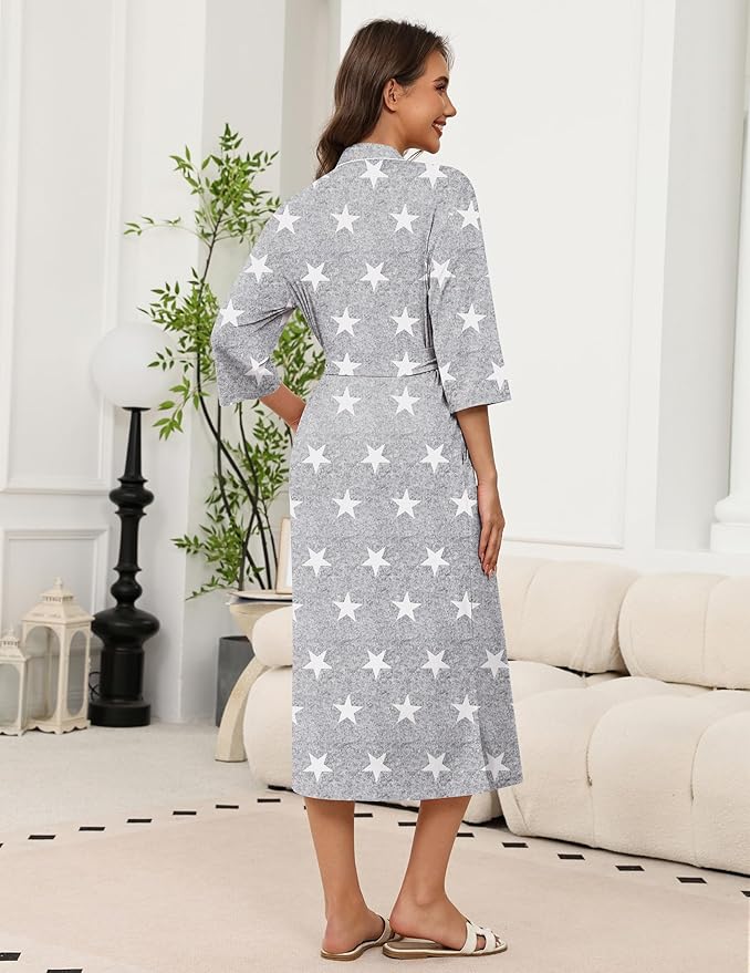 Ekouaer Robes for Women Long Knit Bathrobe Lightweight 3/4 Sleeves Kimono Robe Soft Sleepwear with Pockets S-XXL
