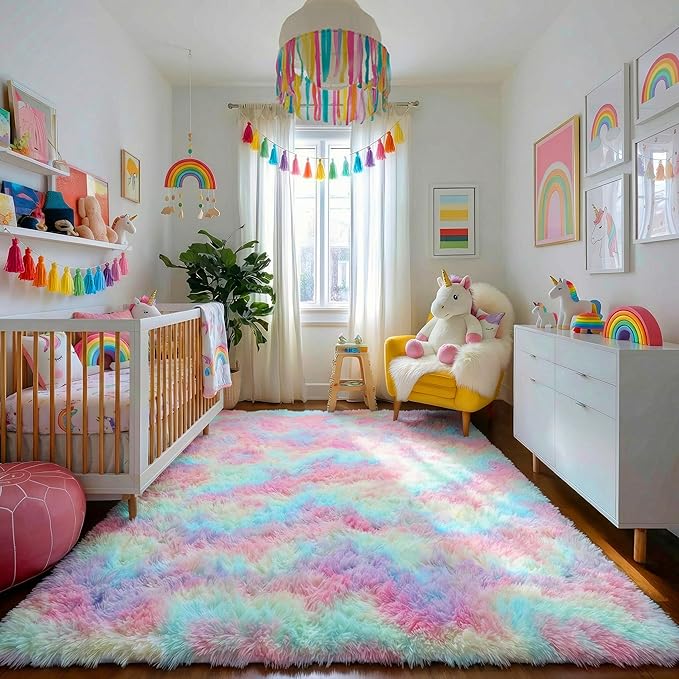 Rainbow Runner Kids Rugs for Girls Bedroom, Unicorn Room Decor, Fluffy Colorful Pastel Shag Area Rug for Baby Nursery, Soft Cute Fuzzy Kawaii Furry Plush Carpet for Playroom Preppy Dorm, 3x5 Rug Small