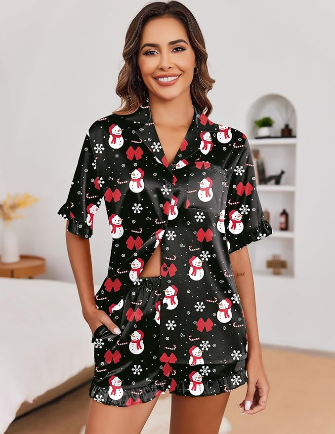 Ekouaer Satin Pajama Set for Women Button Down Silk 2 Piece Pj Sets Ruffle Short Sleeve Sleepwear