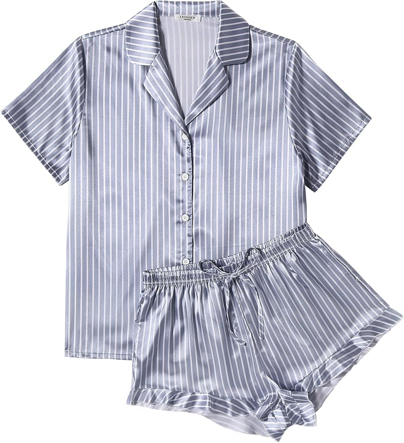 Ekouaer Womens Satin Pajamas Set Button Down 2 Piece Silk Pjs Shorts Set Ruffle Lingerie Notch Collar Sleepwear
