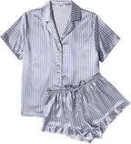 Ekouaer Womens Satin Pajamas Set Button Down 2 Piece Silk Pjs Shorts Set Ruffle Lingerie Notch Collar Sleepwear